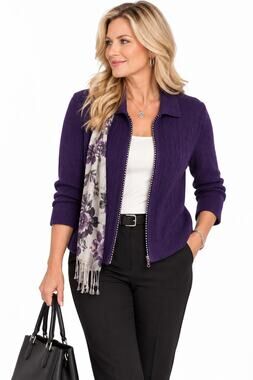 DRR Jenny Womens L Purple Ramie Cotton Zip Front Cardigan Sweater